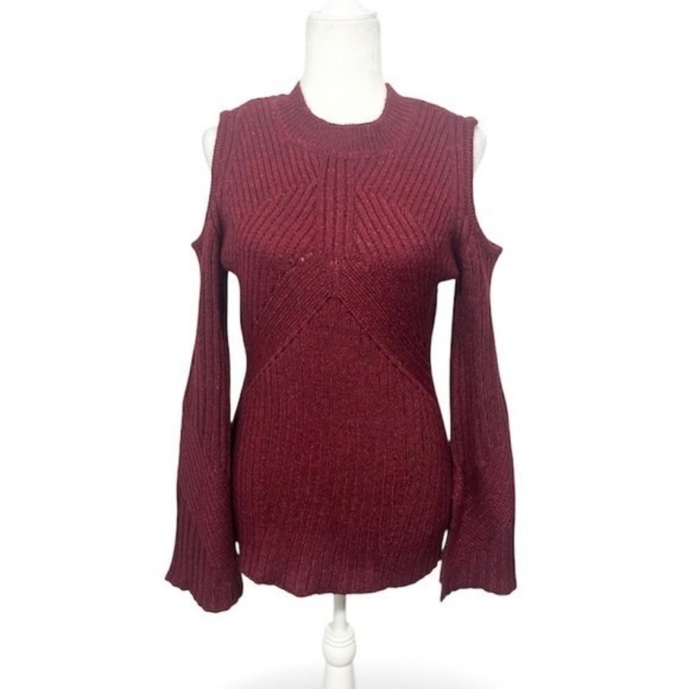 Boston Proper Cold Shoulder Ribbed Knit Sweater Burgundy Size M Cozy